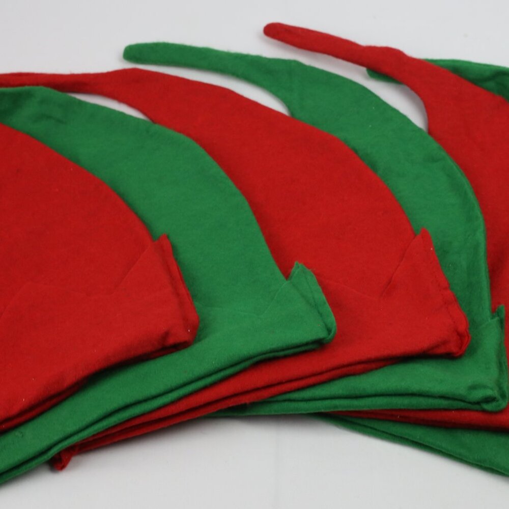 Polyester Elf Hats, Never worn, one size. 6ct 3 red 3 green